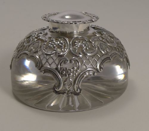 Large English Glass & Sterling Silver Inkwell by William Comyns - 1902