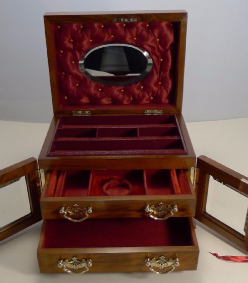 Large Antique English Walnut Jewellery Box / Cabinet - Bevelled Glass Doors C.1890
