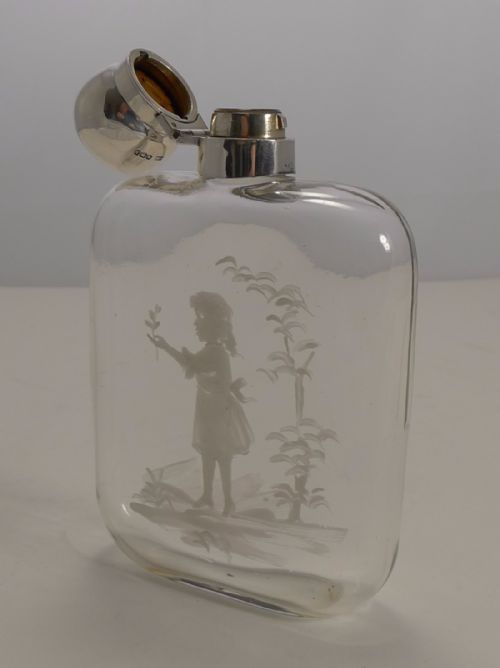 ANTIQUE ENGLISH MARY GREGORY GLASS AND STERLING SILVER LIQUOR WHISKY FLASK 1922 - ADDITIONAL PHOTO 5