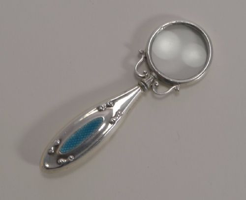 Pretty Antique Art Nouveau and Sterling Silver Magnifying Glass - Guilloche Enamel