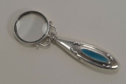 fig 1. Pretty Antique Art Nouveau and Sterling Silver Magnifying Glass - Guilloche Enamel