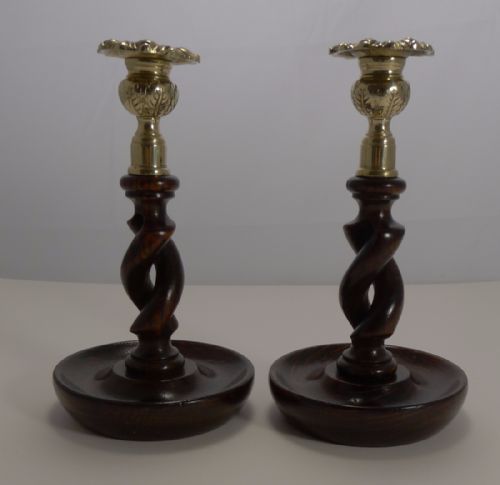 Pair 8" Antique English Oak Open Barley Twist Candlesticks - Brass Thistle Tops