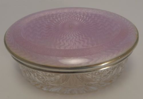 Superb David Anderson Sterling Silver and Guilloche Enamel Lidded Cut Crystal Box C.1910