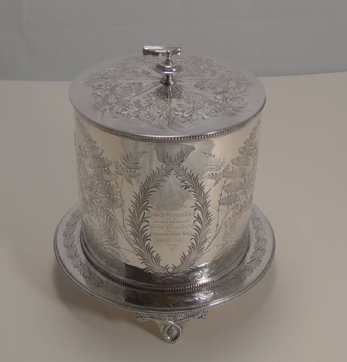 Antique English Fern Engraved Biscuit Box in Silver Plate Dated 1887