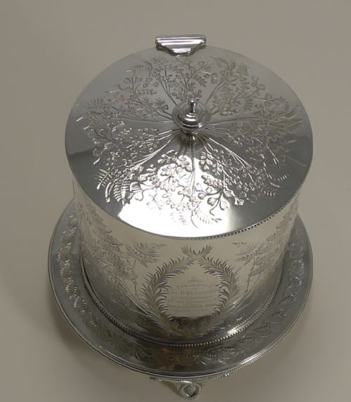fig 1. Antique English Fern Engraved Biscuit Box In Silver Plate Dated 1887