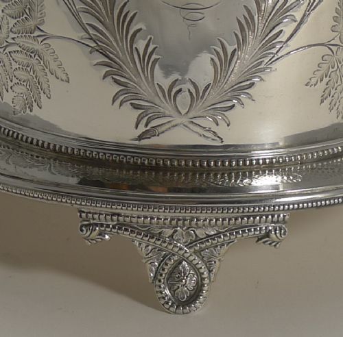 fig 2. Antique English Fern Engraved Biscuit Box In Silver Plate Dated 1887