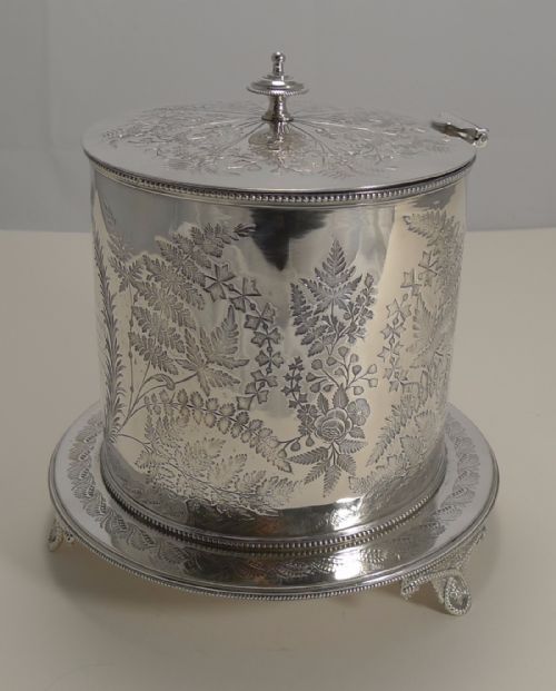fig 3. Antique English Fern Engraved Biscuit Box In Silver Plate Dated 1887
