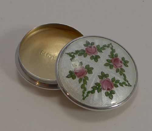 Pretty Little Antique English Sterling Silver and Guilloche Enamel Pill Box