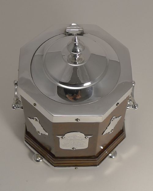 fig 1. Grand Large Antique English Oak and Silver Plate Biscuit Box by Henry Bourne - 1891