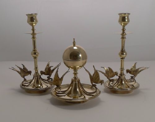 Stunning Antique English Figural Brass Candlesticks and Inkwell - Swallows