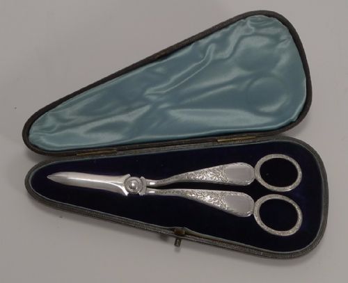 Elegant Pair English Sterling Silver Grape Shears - 1891