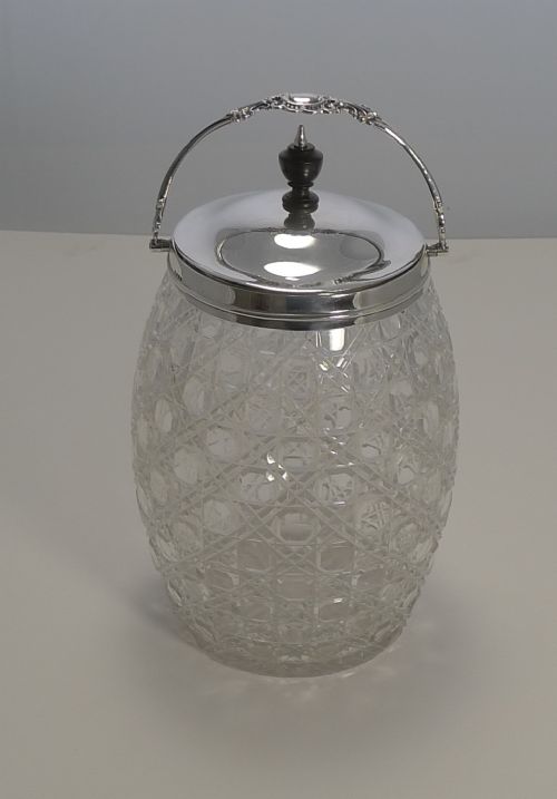 Antique English Cut Crystal and Sterling Silver Biscuit Barrel - 1878