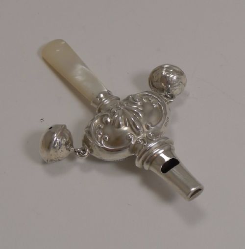 Antique English Sterling Silver Baby Rattle with Whistle - 1911