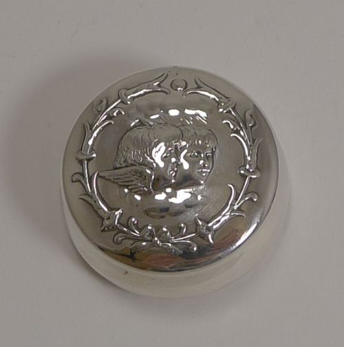 Antique English Sterling Silver Pill Box - Cherubs / Angels