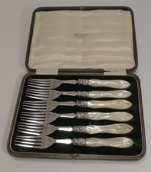 Antique English Sterling Silver & Mother of Pearl Cake or Desert Forks - 1898
