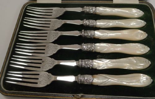 fig 1. Antique English Sterling Silver & Mother of Pearl Cake or Desert Forks - 1898