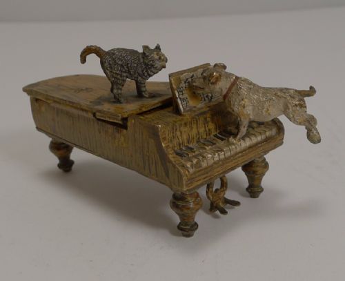Antique Austrian Cold Painted Bronze Match Strike / Vesta - 1891 - Cat and Dog
