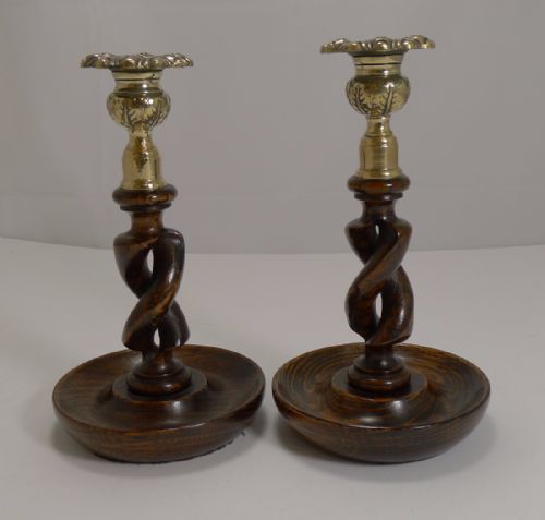 Pair 8" Antique English Oak Open Barley Twist Candlesticks - Brass Thistle Tops