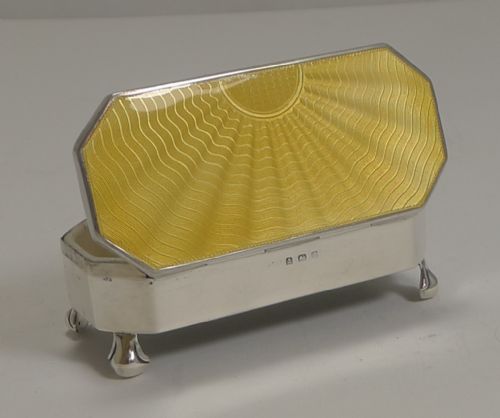 Art Deco English Sterling Silver and Yellow Guilloche Enamel Jewelry / Ring Box