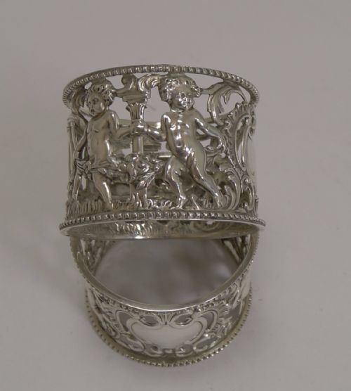 Stunning Pair Antique English Sterling Silver Napkin Rings - Cherubs