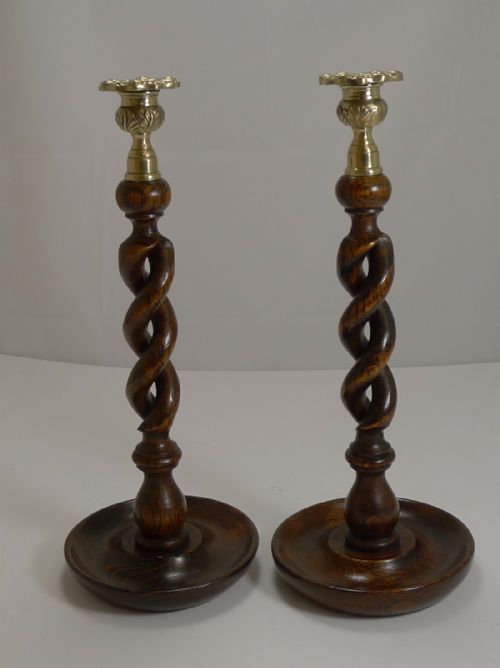 Towering Pair 14" Solid Oak Open Barley Twist Candlesticks - Brass Tops