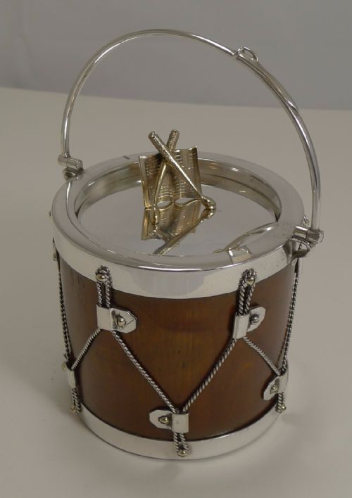 Antique Novelty Oak & Silver Plated Preserve Jar - Musical Drum C.1890