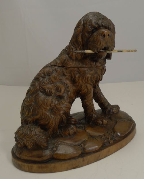Large Carved Black Forest Figural Inkwell - Dog C.1890