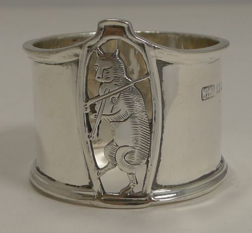 English Sterling Silver Napkin Ring - Cat and the Fiddle