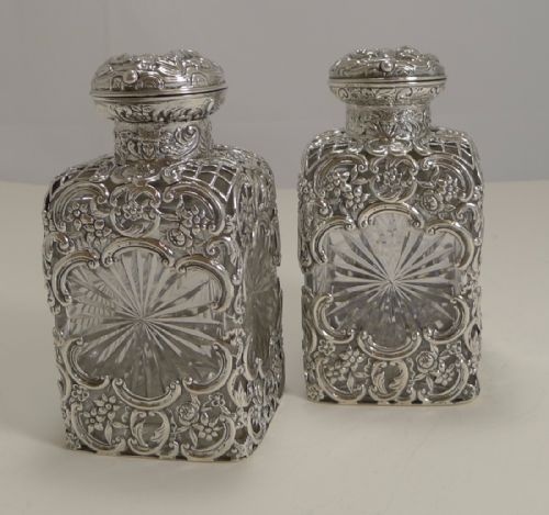 Finest Pair Victorian Sterling Silver and Cut Crystal Perfume Bottles by William Comyns