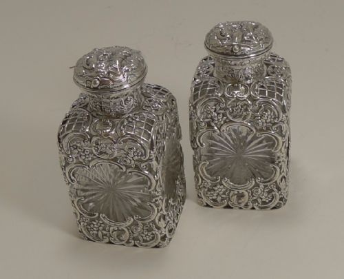 fig 1. Finest Pair Victorian Sterling Silver and Cut Crystal Perfume Bottles by William Comyns