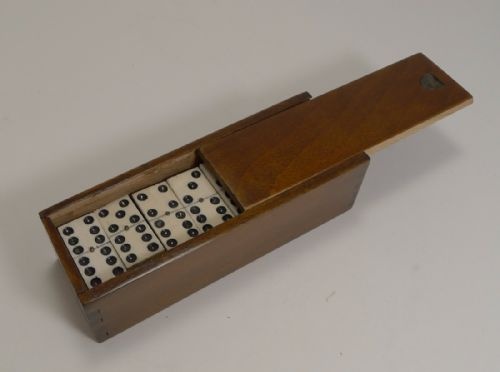 Antique English Boxed Set Bone & Ebony Wood Dominoes C.1890