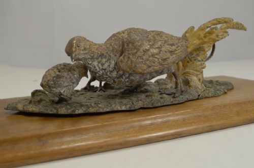 Large Cold Painted Bronze Desk Letter Clip - Game Birds - Quail with Chicks C.1890
