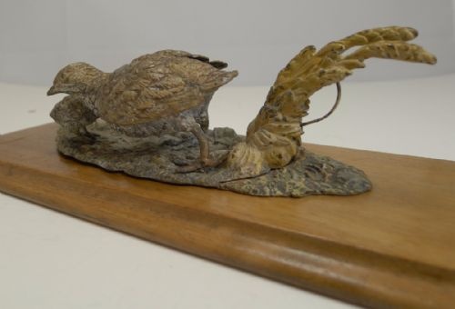 fig 1. Large Cold Painted Bronze Desk Letter Clip - Game Birds - Quail With Chicks c.1890