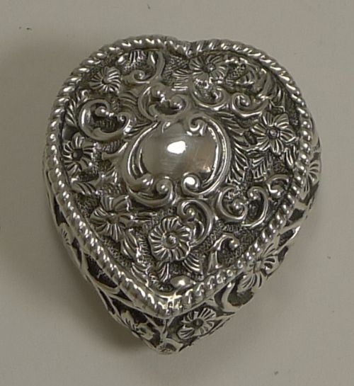 Small Victorian English Sterling Silver Heart Shaped Box - 1900