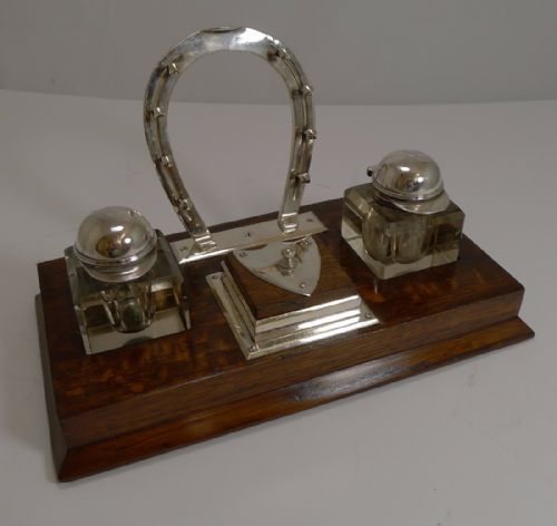 Fine Antique English Oak and Silverplate Equestrian Inkwell C.1890