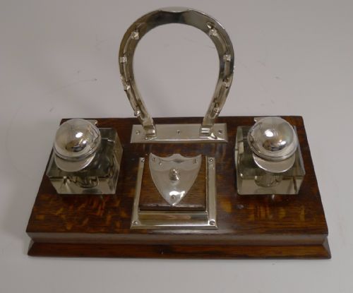 fig 1. Fine Antique English Oak and Silverplate Equestrian Inkwell c.1890