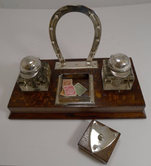 fig 2. Fine Antique English Oak and Silverplate Equestrian Inkwell c.1890