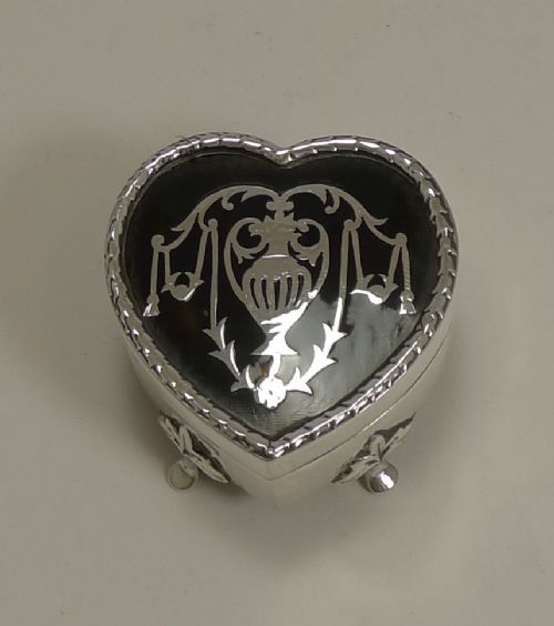 Antique English Sterling Silver and Tortoiseshell Heart Shaped Jewellery / Ring Box