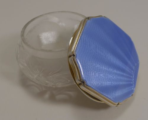 Fine Quality Vintage Crystal and Sterling Silver / Guilloche Enamel Powder Bowl