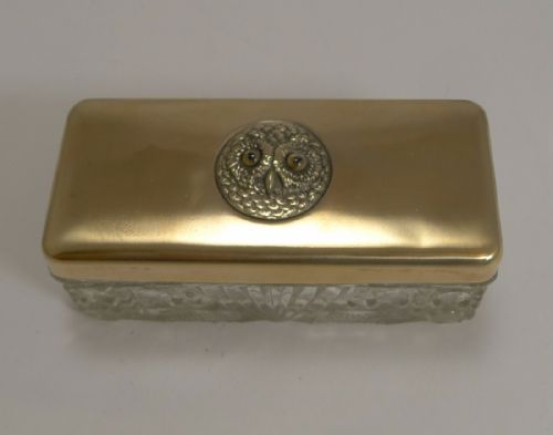 Antique English Glass and Brass Box - Owl with Glass Eyes C.1900