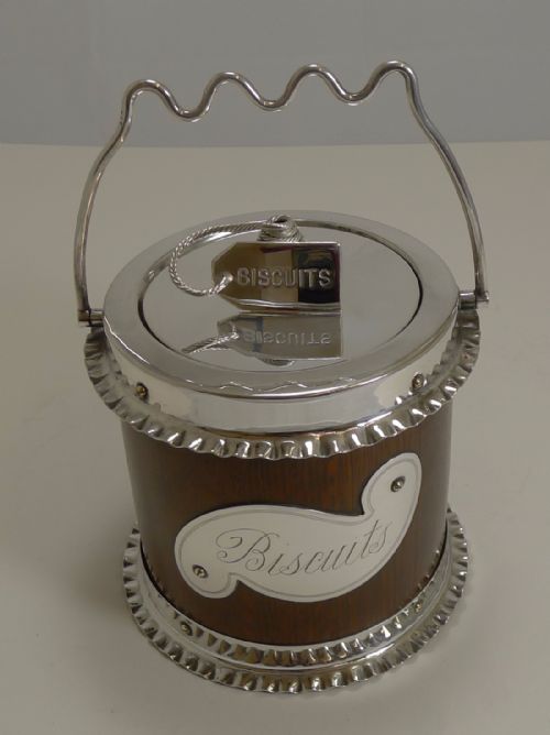 Antique English Silver Plate and Oak Biscuit Box by Walker and Hall