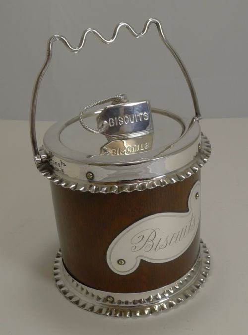 fig 1. Antique English Silver Plate and Oak Biscuit Box by Walker and Hall