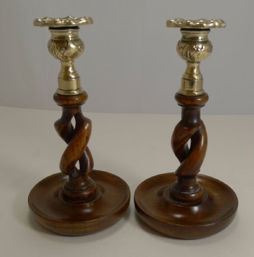 Pair 8" Antique English Oak Open Barley Twist Candlesticks - Brass Thistle Tops