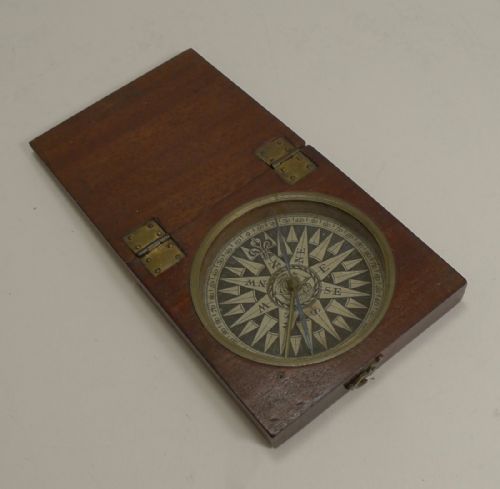 Large English Georgian Desk Compass C.1800 in Mahogany Case