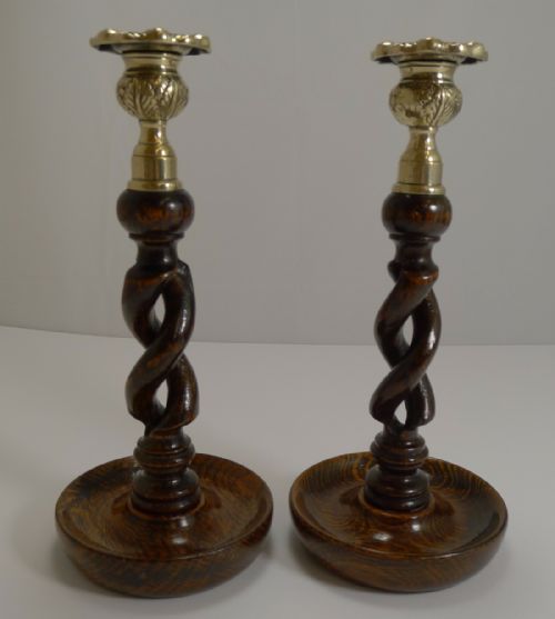 Pair Antique English 10" Oak Open Barley Twist Candlesticks - Brass Thistle Tops