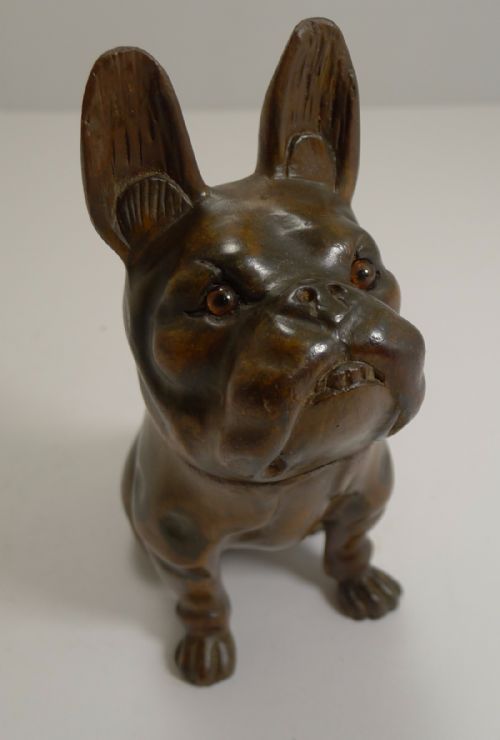 Antique Carved Black Forest French Bulldog Figural Inkwell - Glass Eyes C.1900