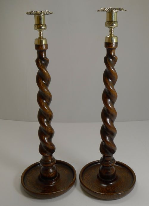 Impressive Towering 18" Oak Barely Twist Candlesticks C.1900