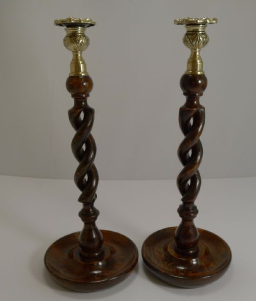 Towering Pair 14" Solid Oak Open Barley Twist Candlesticks - Brass Tops