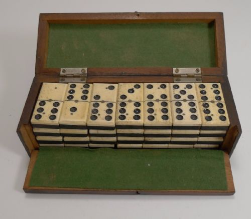Boxed Set Antique English Bone and Ebony Dominoes C.1900