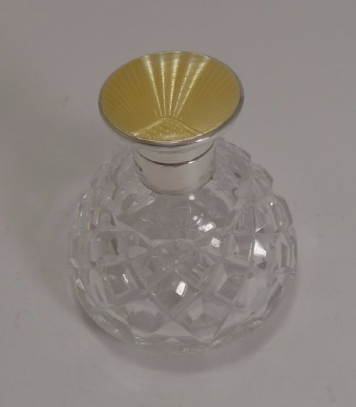 Art Deco Cut Crystal Perfume Bottle, Sterling Silver and Guilloche Enamel Top